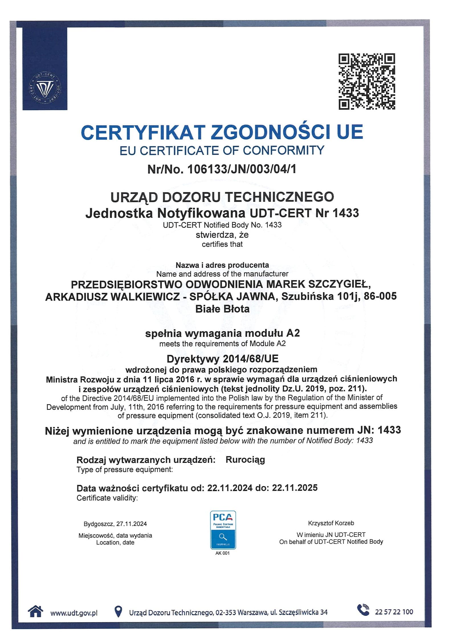 CERTYFIKAT ZGODNOŚCI UE