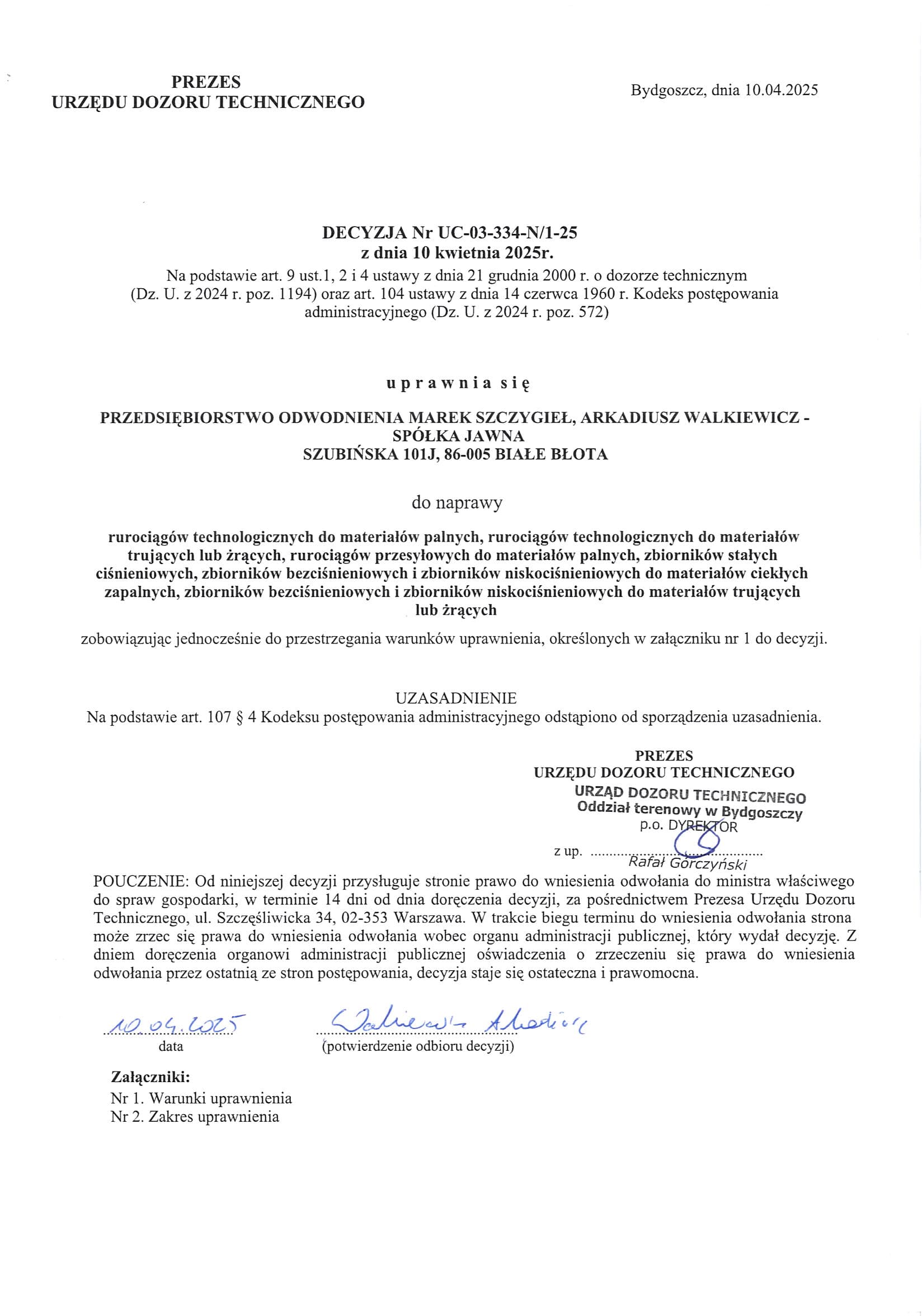 Decyzja Prezesa Urzędu Dozoru Technicznego