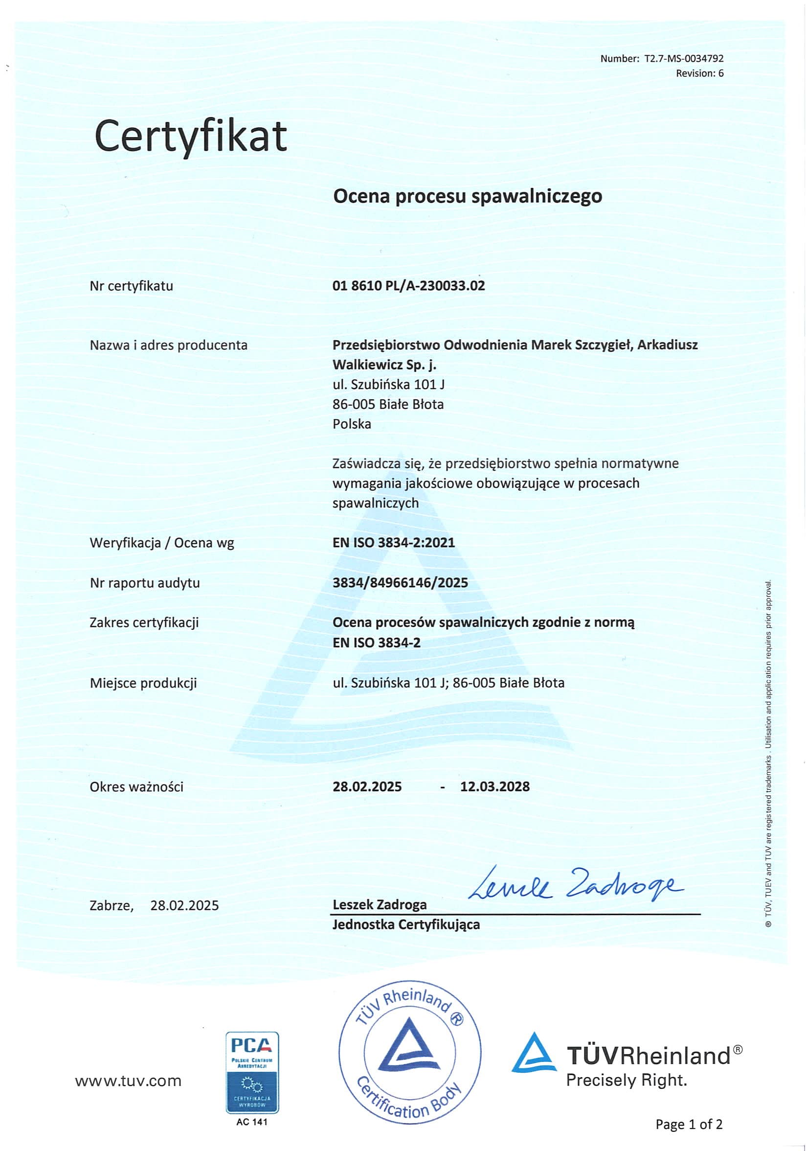 Certyfikat oceny procesu spawalniczego