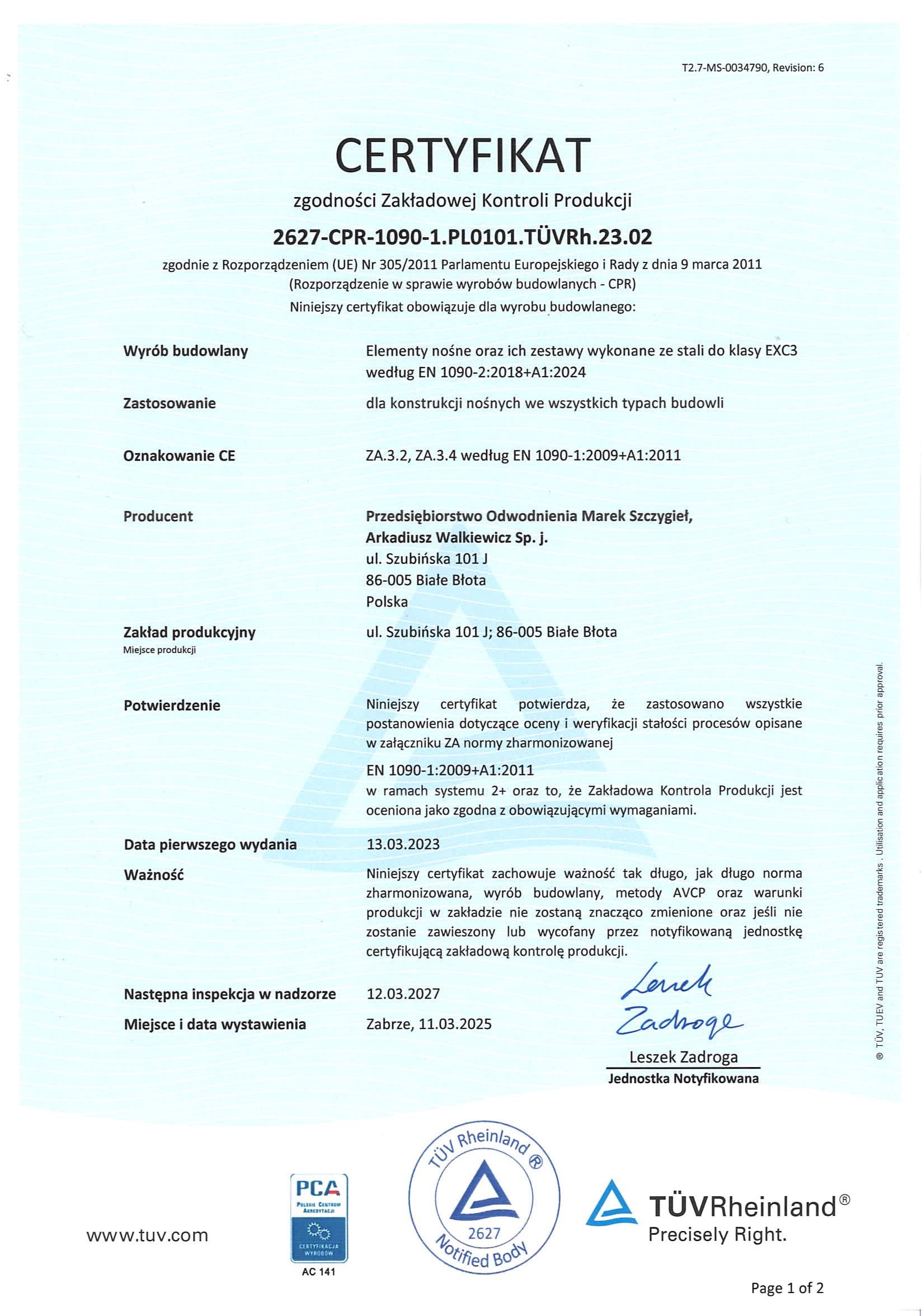 Certyfikat zgodności Zakładowej Kontroli Produkcji
